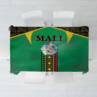 Green Mali tablecloth with bold “MALI” print and geometric stripe border