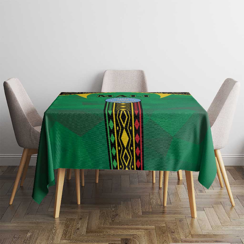 Square green Mali tablecloth with central geometric stripe panel