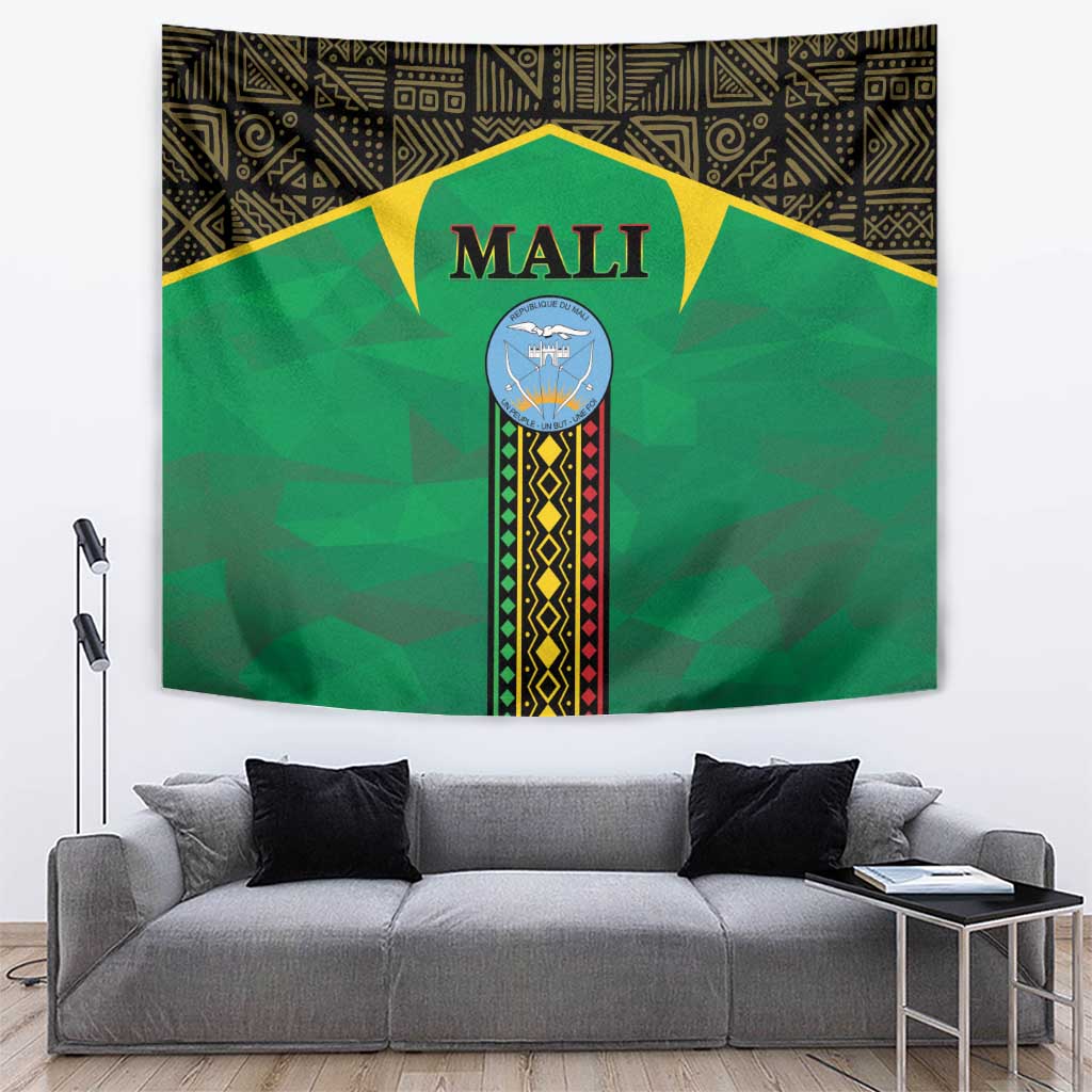 Green Mali tapestry with decorative Mali banner and central emblem in a bordered geometric frame