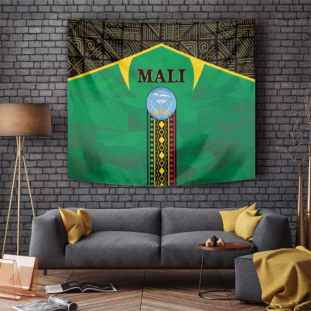 Green wall tapestry featuring Mali lettering, central round emblem, and gold-and-black geometric trim