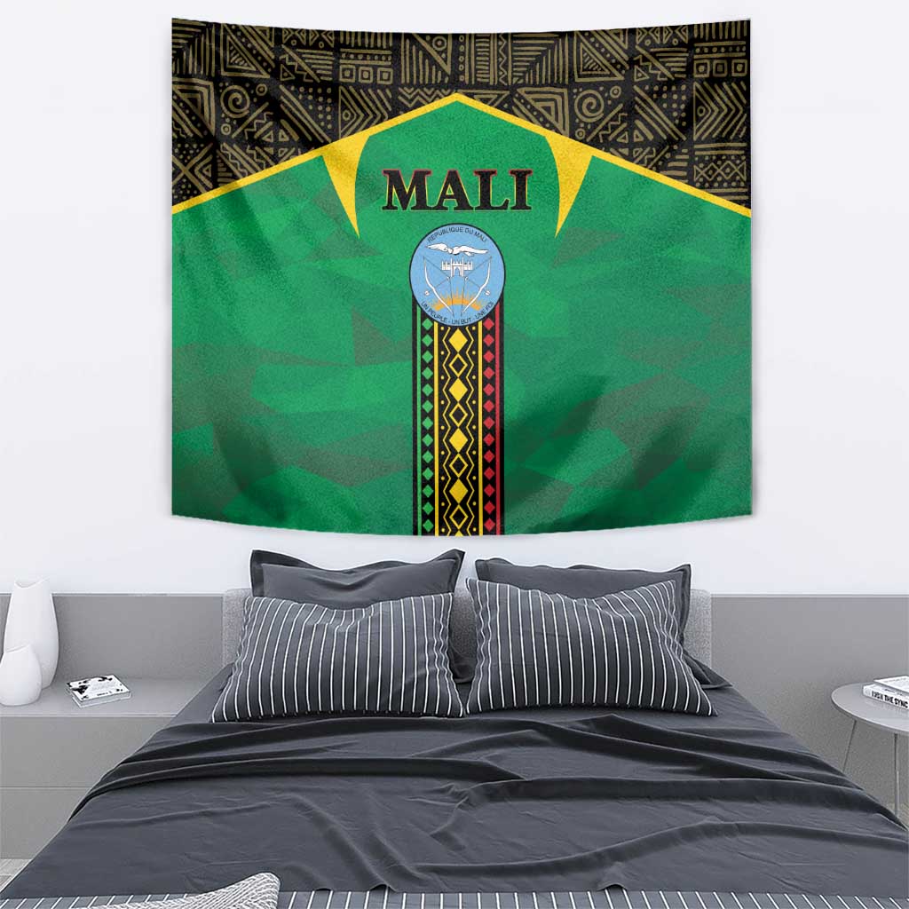 Green Mali tapestry with top Mali title, central emblem, and vertical patterned strip border