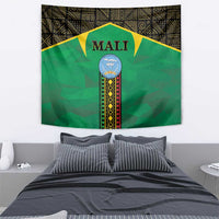 Green Mali tapestry with top Mali title, central emblem, and vertical patterned strip border