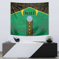 Green Mali tapestry with Mali text, round emblem, and gold-and-black ornamental pattern edging