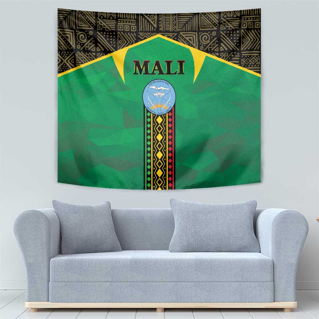 Green Mali tapestry with Mali lettering and central emblem, framed by geometric gold border design