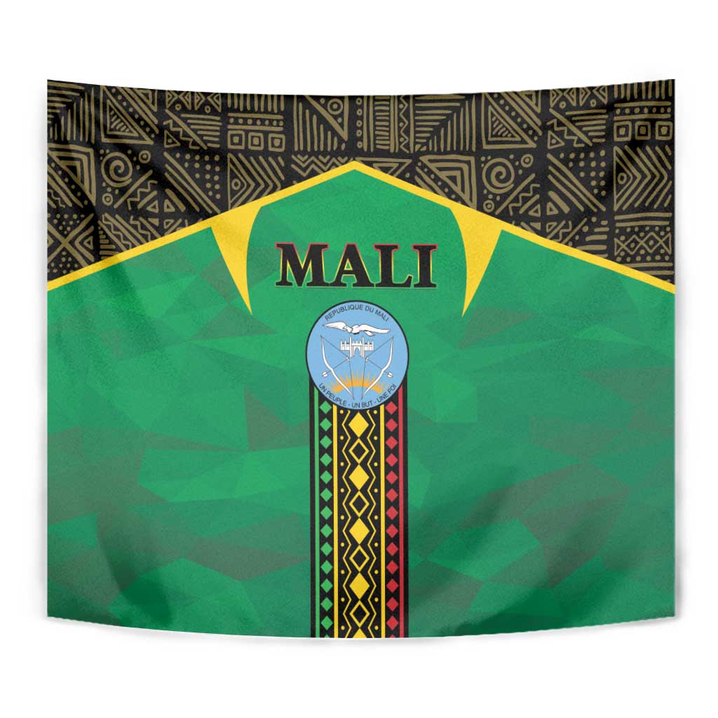 Close-up green Mali tapestry showing Mali text, central round emblem, and detailed patterned trim
