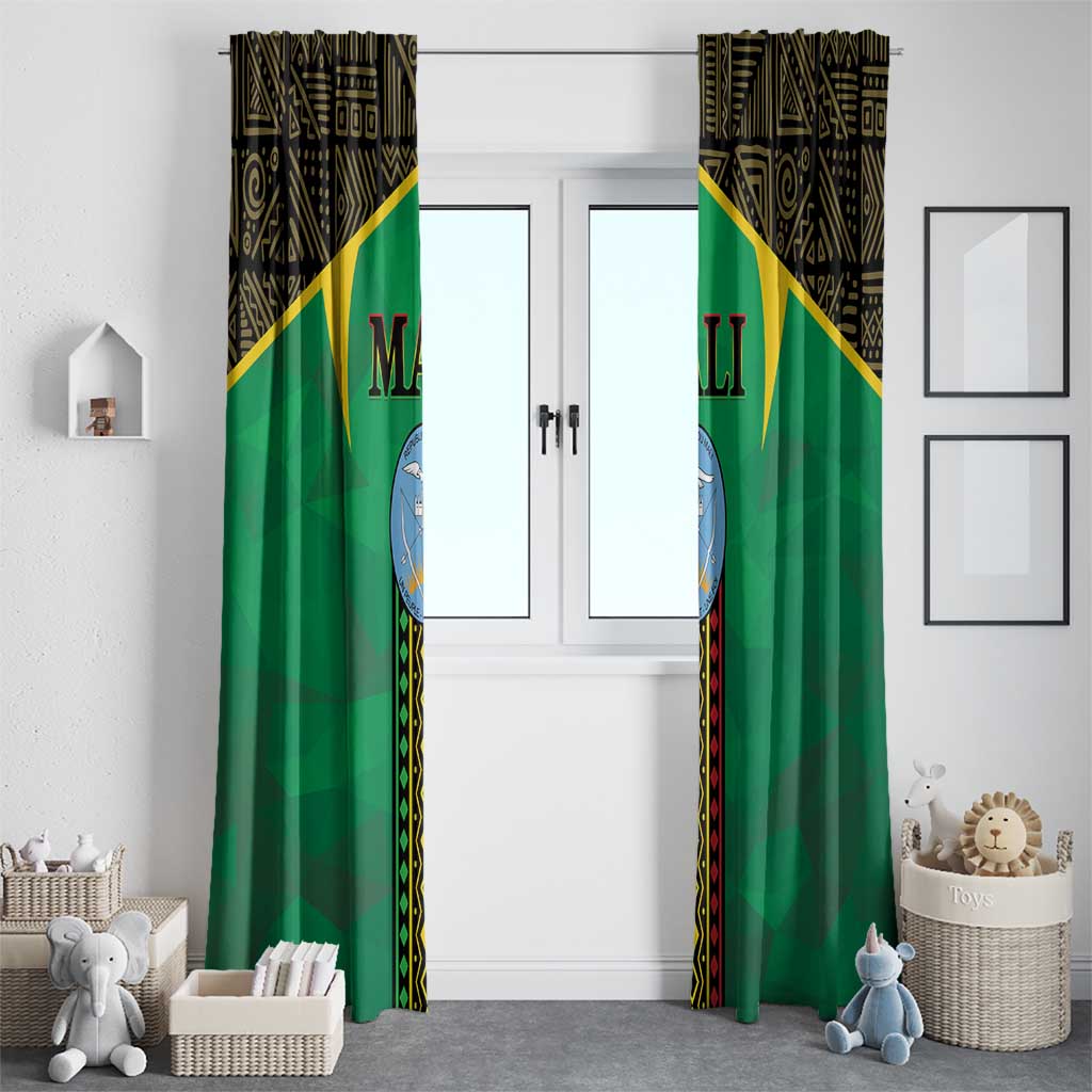Green window curtain pair with black patterned top and gold diagonal stripe framing the center.