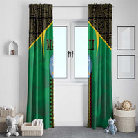 Green window curtain pair with black patterned top and gold diagonal stripe framing the center.