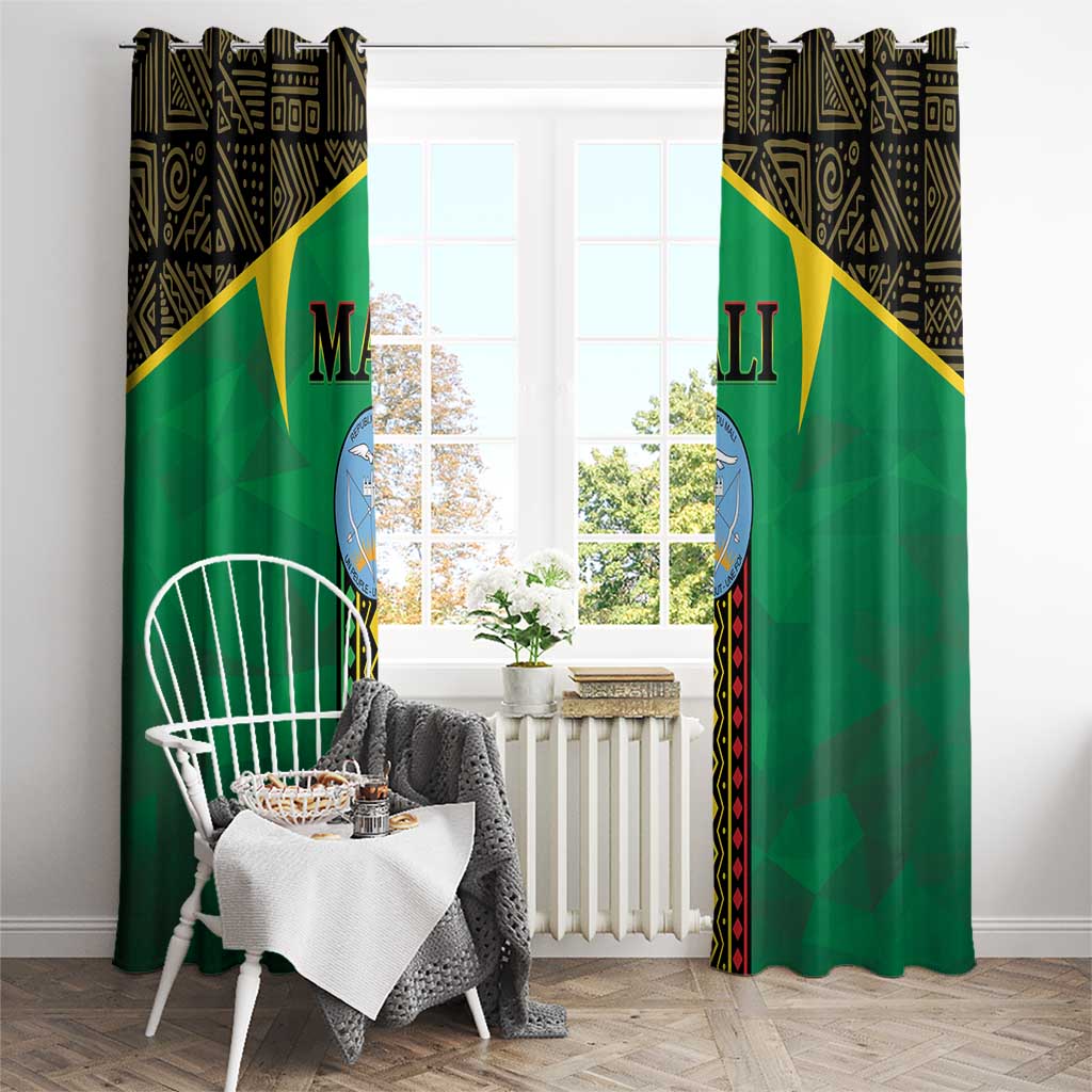 Green window curtain pair with gold diagonal stripe and black patterned top, shown front view.