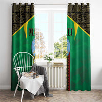 Green window curtain pair with gold diagonal stripe and black patterned top, shown front view.