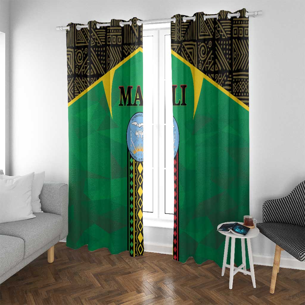 Green window curtain pair with black patterned top, gold diagonal stripe, and Mali crest.