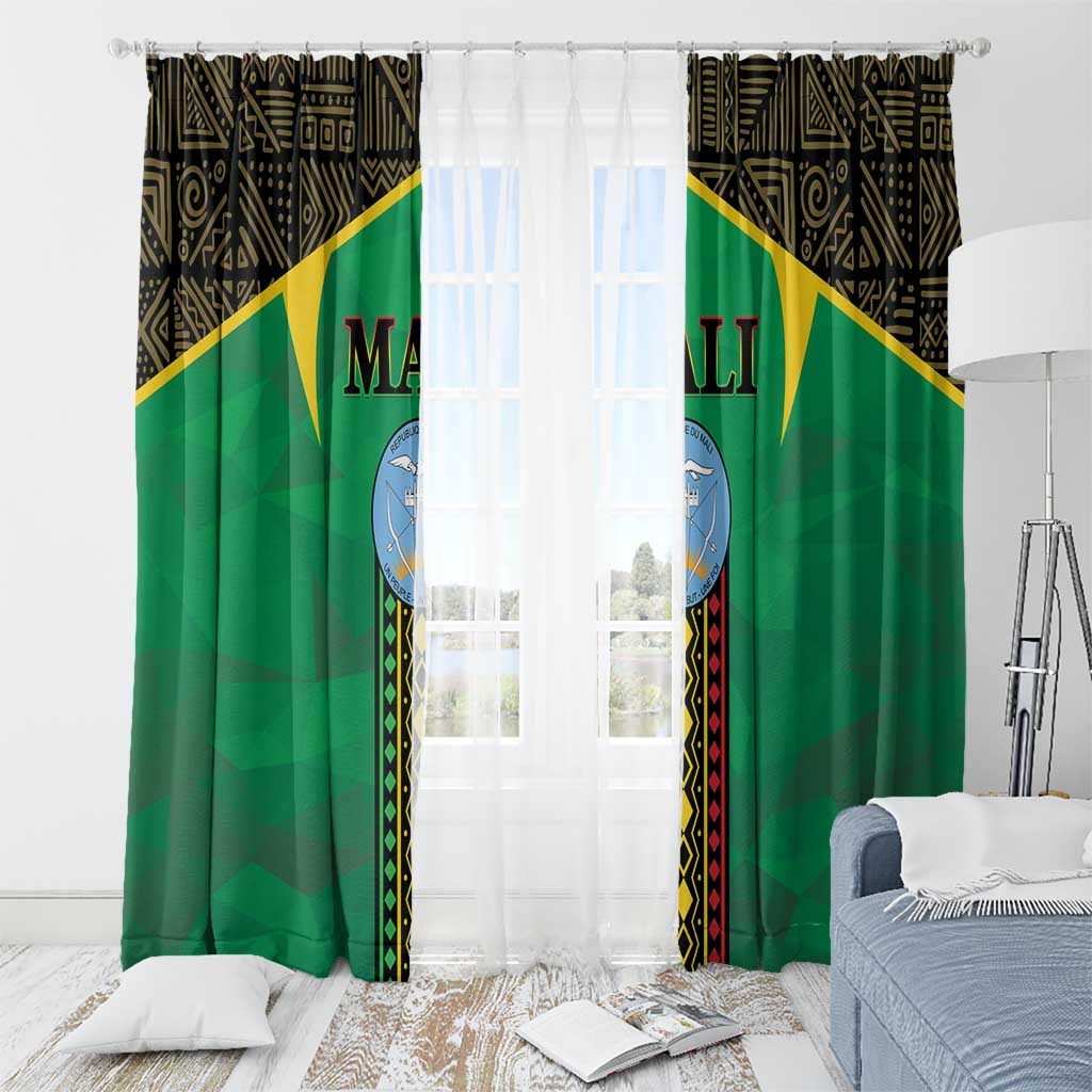 Green window curtain pair with black patterned header, gold diagonal stripe, and Mali crest.