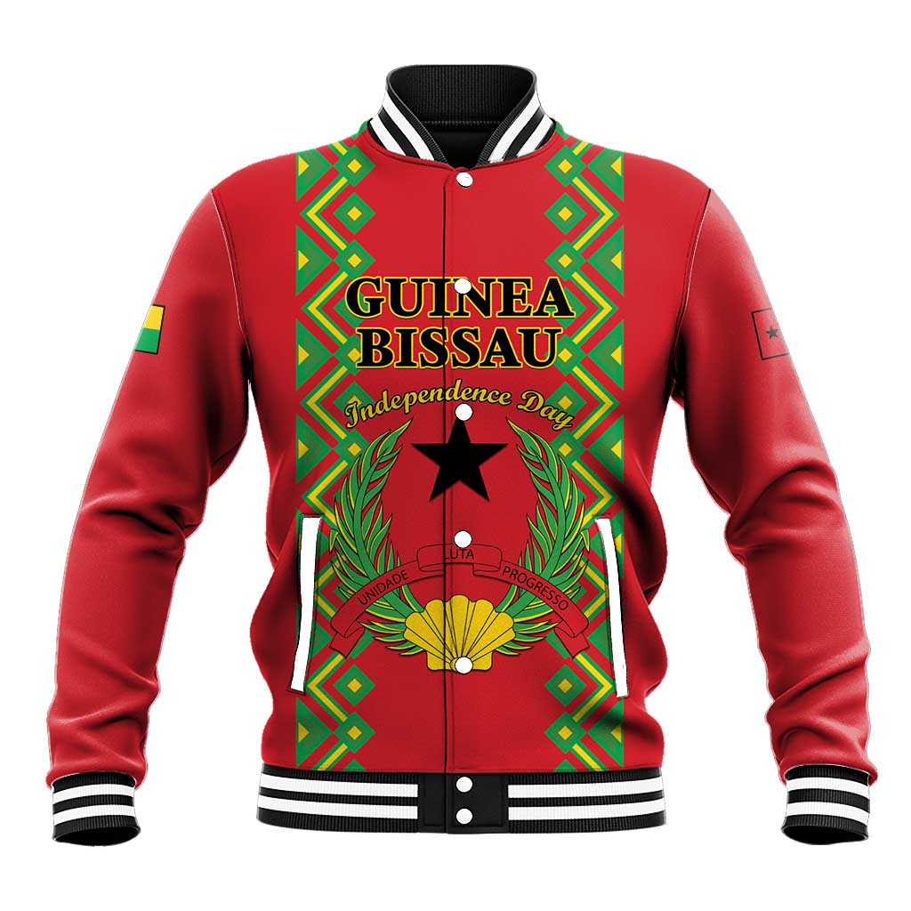 Red baseball jacket with front graphic, snap buttons, striped ribbed collar