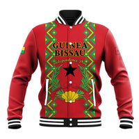 Red baseball jacket with front graphic, snap buttons, striped ribbed collar