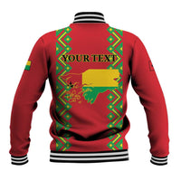 Red baseball jacket back with green-yellow border pattern, striped ribbed hem