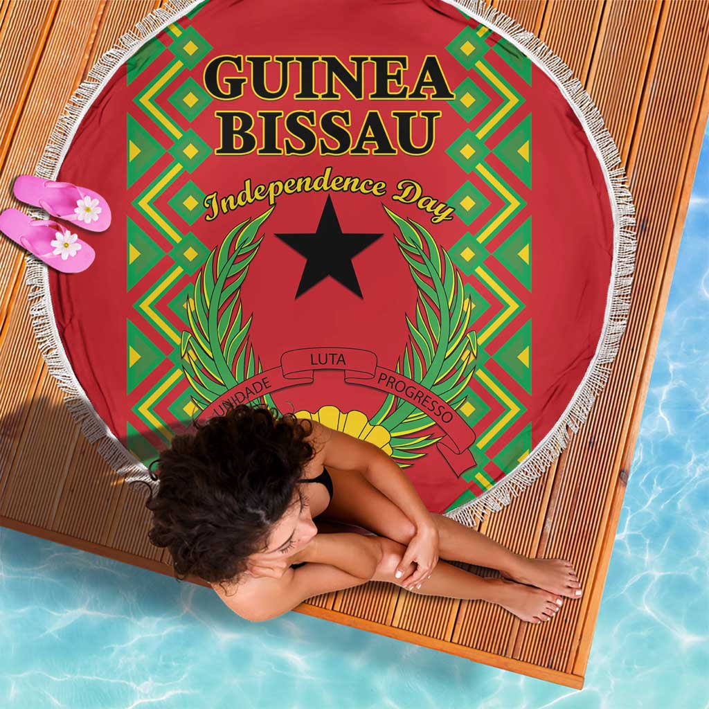 Round red beach blanket with fringed edge, Guinea-Bissau independence design, top view