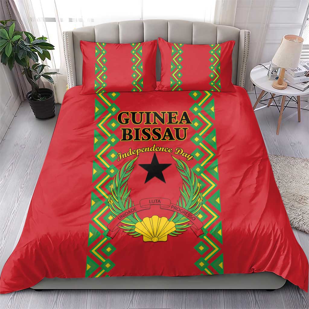 Red bedding set with matching pillow shams and green emblem panel with black star