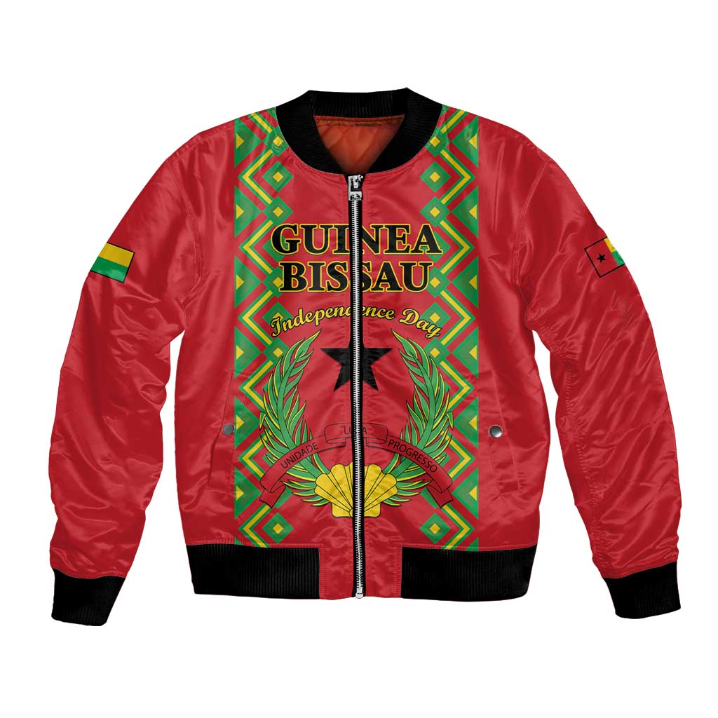Red bomber jacket with black trim, front zip, bold front graphic patch