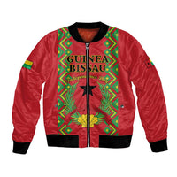 Red bomber jacket with black trim, front zip, bold front graphic patch