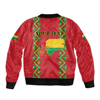 Red bomber jacket with black ribbed hem, back graphic print, wide rear panel