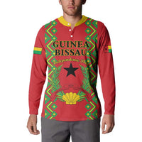 Red button sweatshirt with yellow collar, Guinea-Bissau front graphic, long sleeves