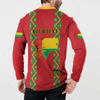 Red back button sweatshirt with yellow collar, YOUR TEXT print and green-yellow side bands