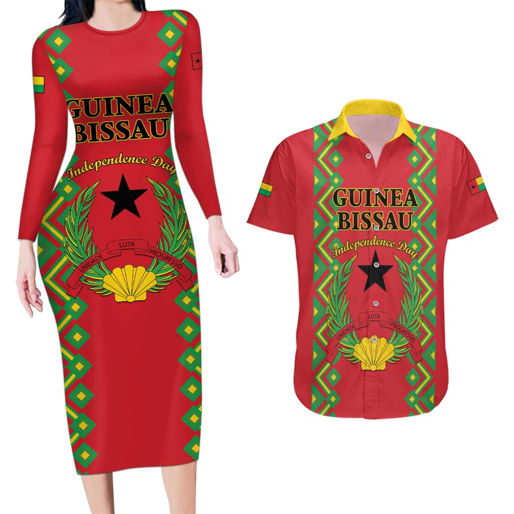 Guinea-Bissau Couples Matching Long Sleeve Bodycon Dress and Hawaiian Shirt Unidade Luta Progresso - Wonder Print Shop