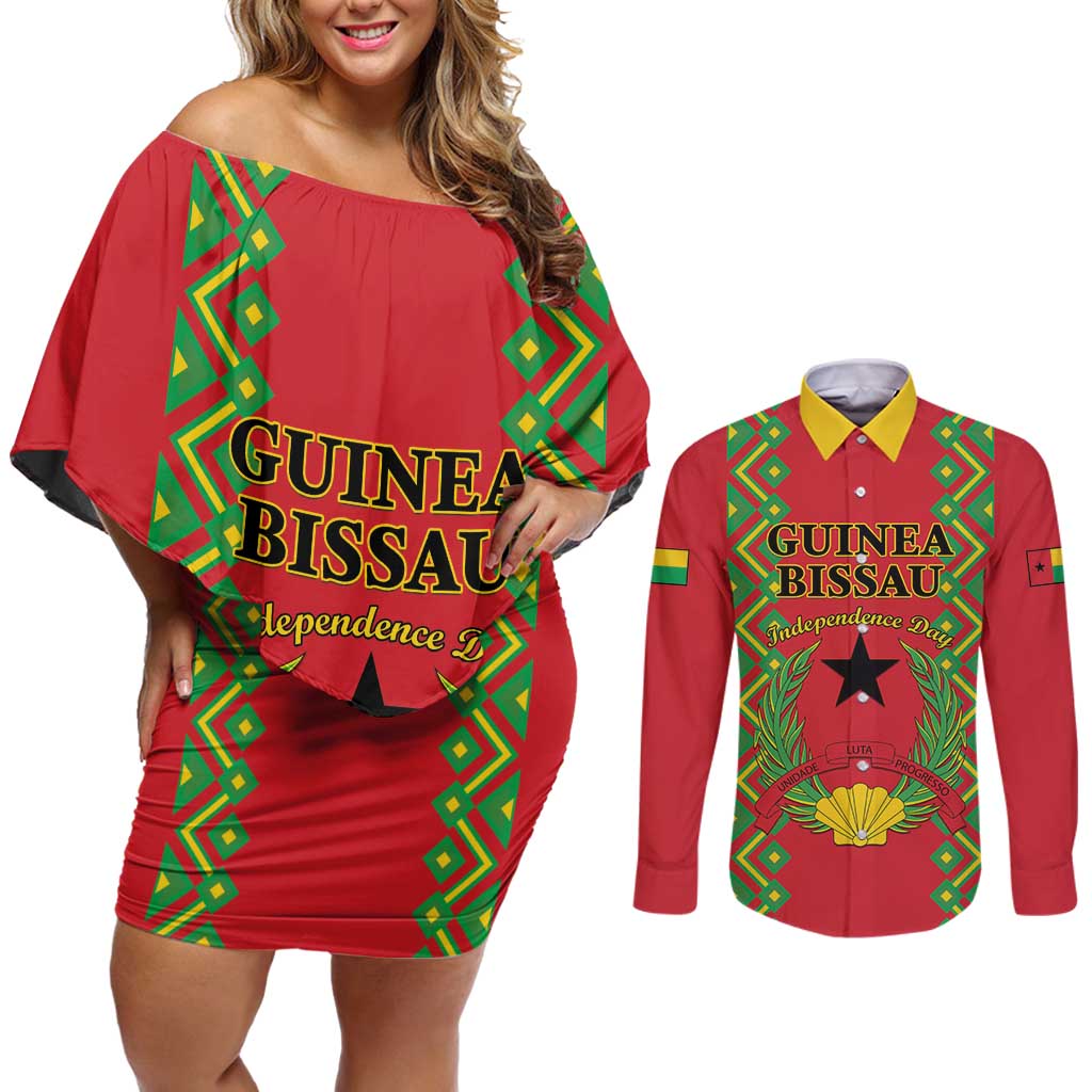 Guinea-Bissau Couples Matching Off Shoulder Short Dress and Long Sleeve Button Shirt Unidade Luta Progresso - Wonder Print Shop