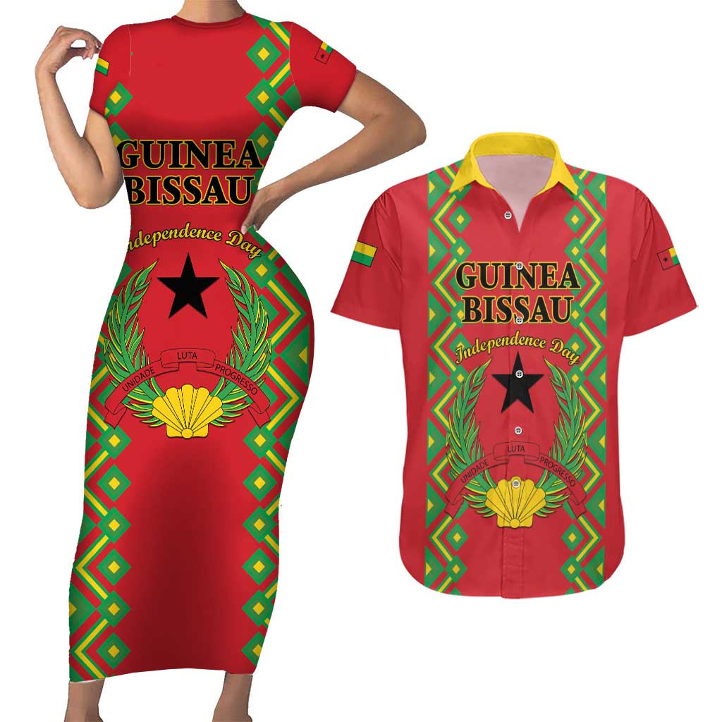 Guinea-Bissau Couples Matching Short Sleeve Bodycon Dress and Hawaiian Shirt Unidade Luta Progresso - Wonder Print Shop