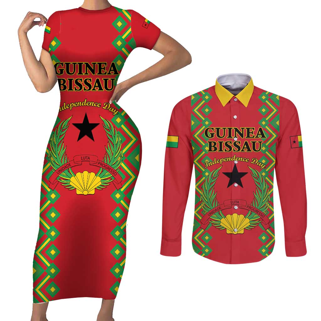 Guinea-Bissau Couples Matching Short Sleeve Bodycon Dress and Long Sleeve Button Shirt Unidade Luta Progresso - Wonder Print Shop