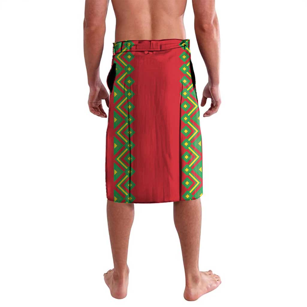 Red wrap skirt with green geometric border and stitched center panel