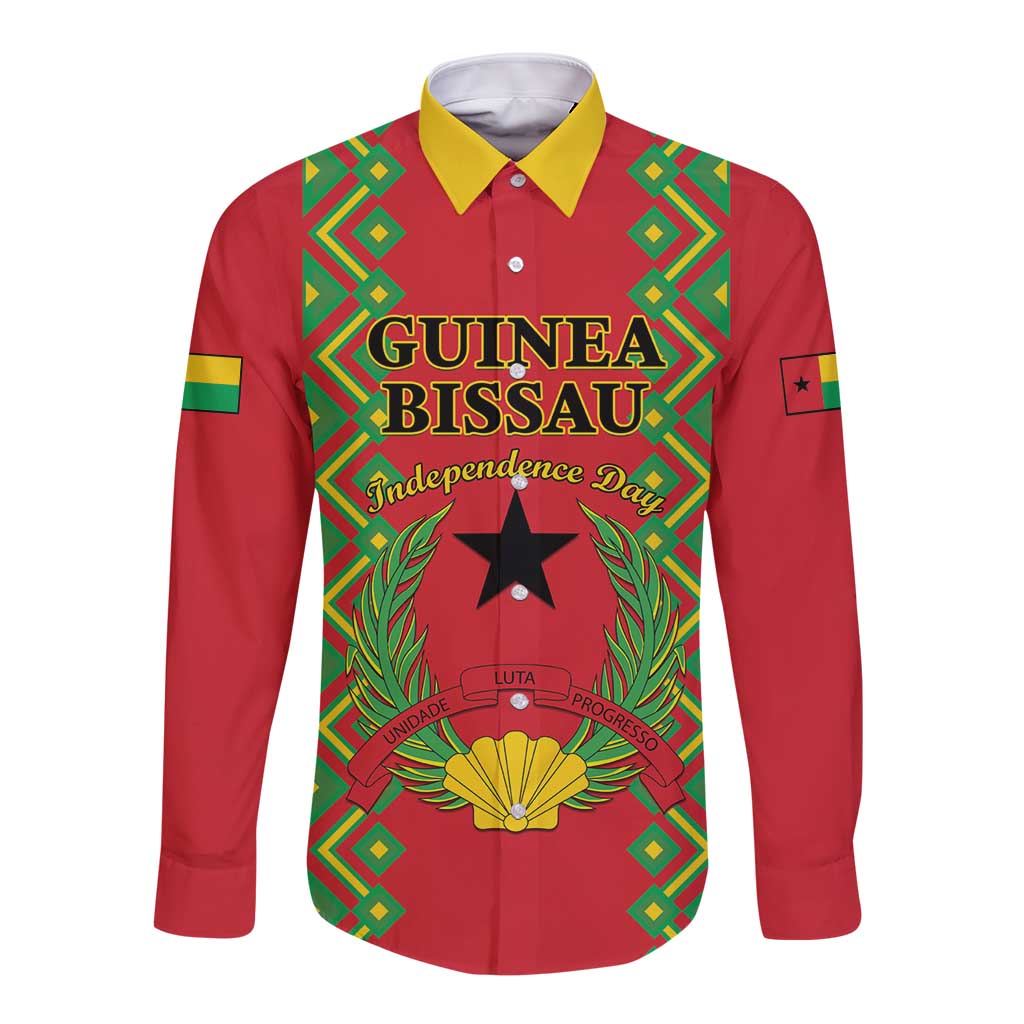 Red long-sleeve button shirt with yellow collar and 'Guinea Bissau' front print