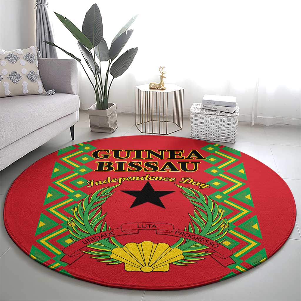 Red round rug with Guinea-Bissau Independence Day text, black star, and laurel accents