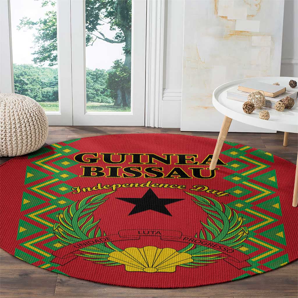 Red round rug with Guinea-Bissau text, black star, laurel leaves, and green border