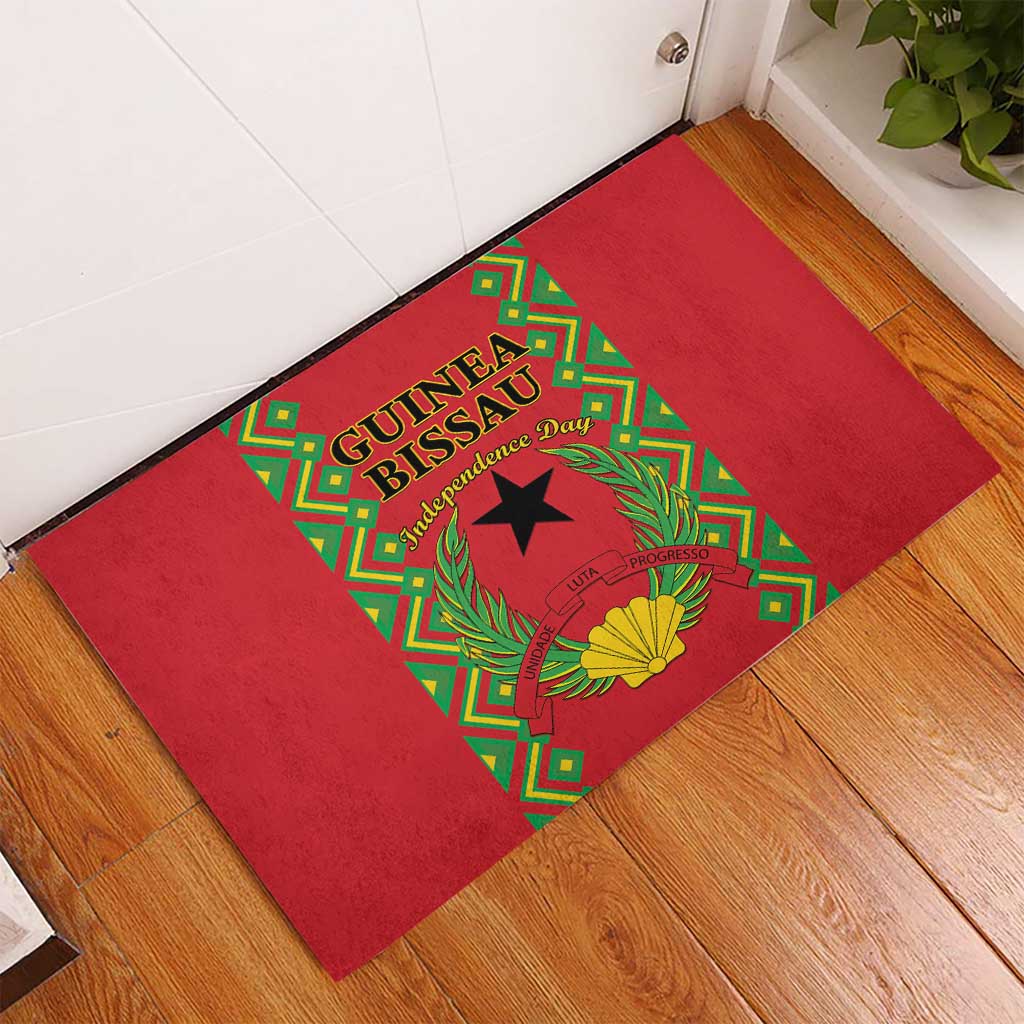 Red indoor doormat with green Guinea-Bissau Independence Day design and black star