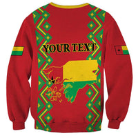 Red sweatshirt with green and yellow map graphic and placeholder 'YOUR TEXT' on back
