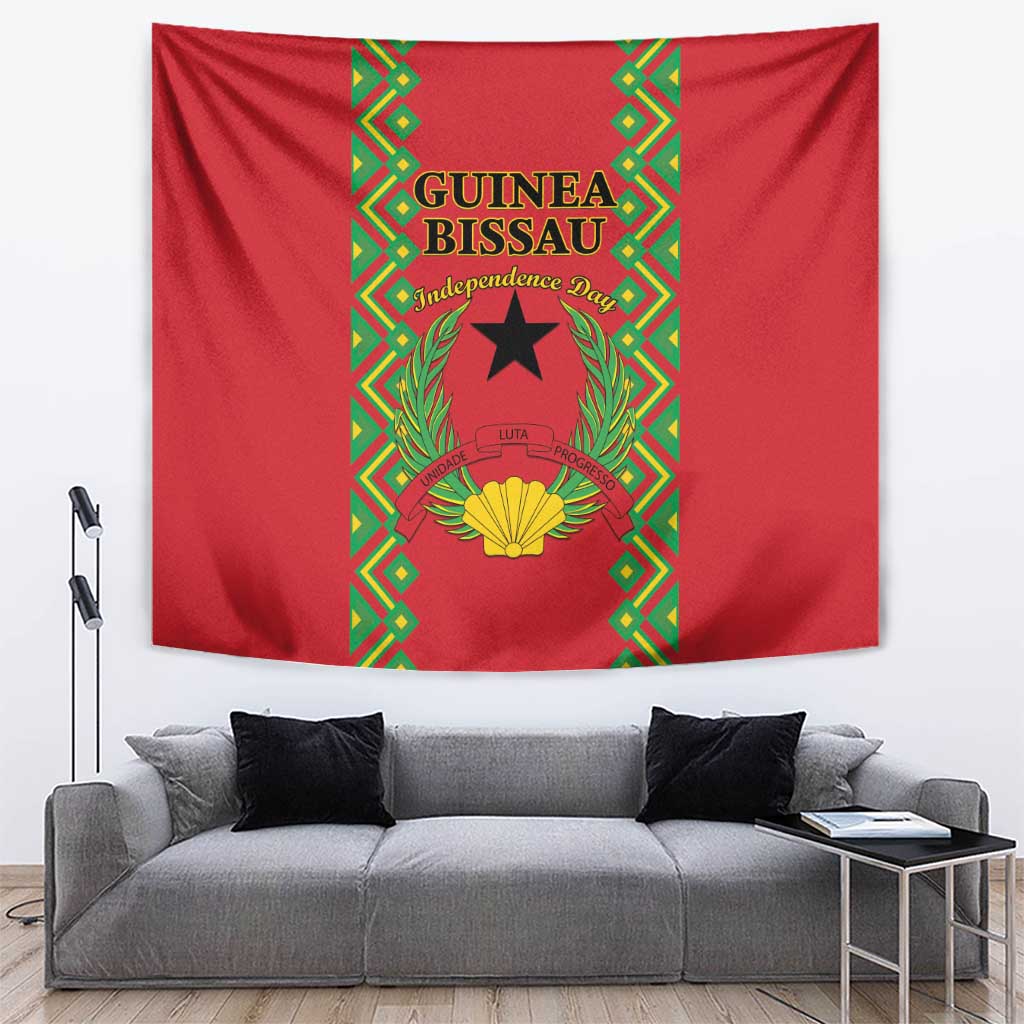 Red Guinea-Bissau tapestry with green border and central coat-of-arms, wall hanging.