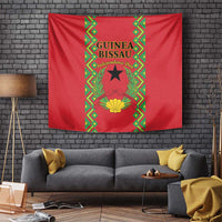 Red Guinea-Bissau tapestry featuring star emblem and green ornamental frame.
