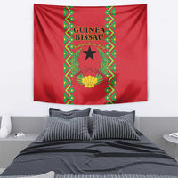 Red Guinea-Bissau tapestry with central emblem, hanging wall decor.