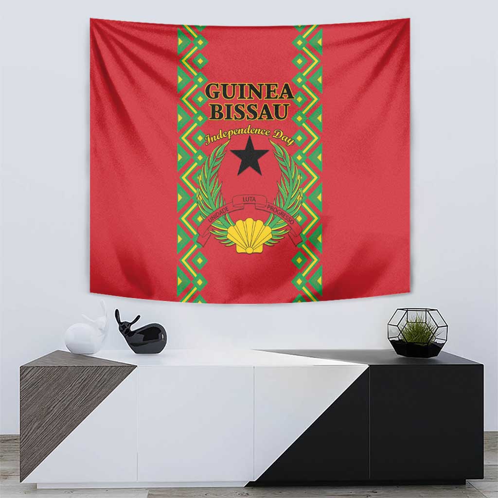 Red Guinea-Bissau tapestry wall hanging with green patterned center panel and star.