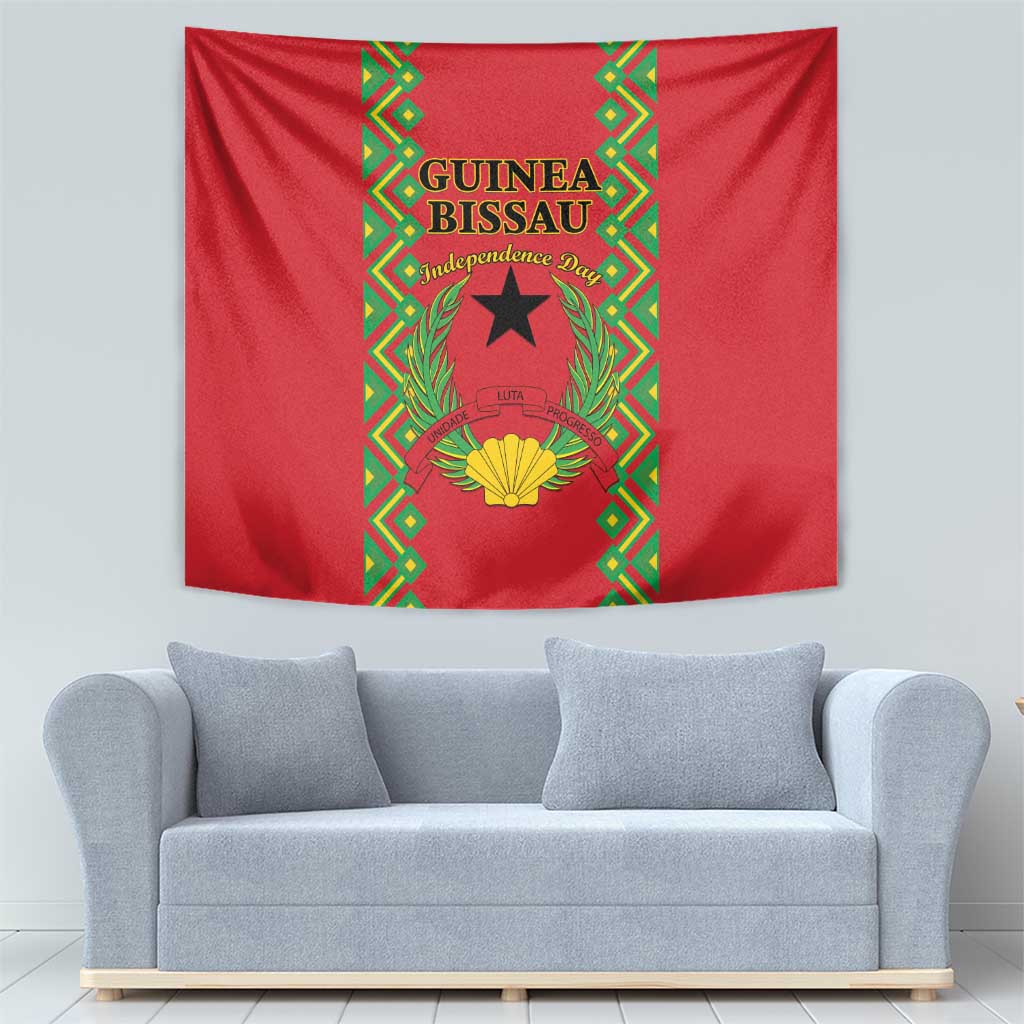 Red Guinea-Bissau tapestry with green border, central star and emblem motif.