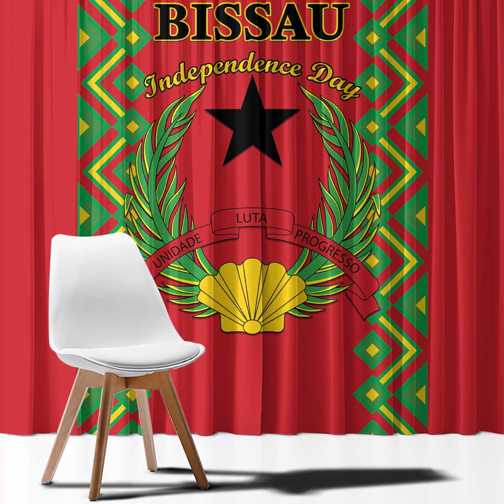 Red curtain panel with large star crest, green-and-gold trim, and independence text