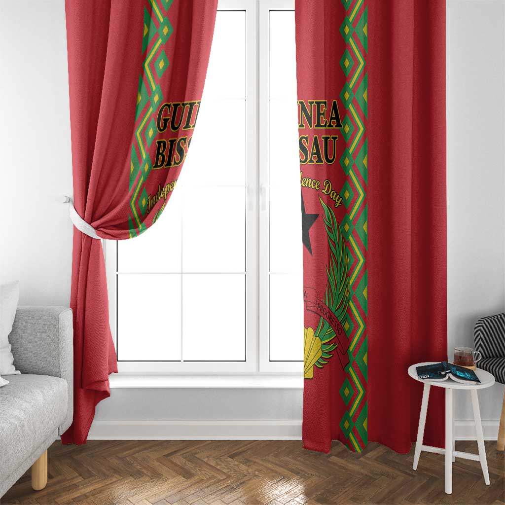 Red window curtain with green-and-gold patterned inserts on both sides of the glass door