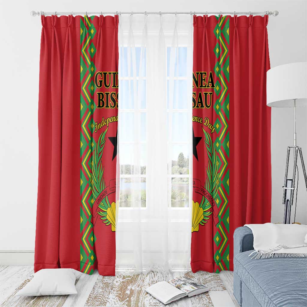 Red window curtain set with green-and-gold emblem panels and rod-top hanging tabs