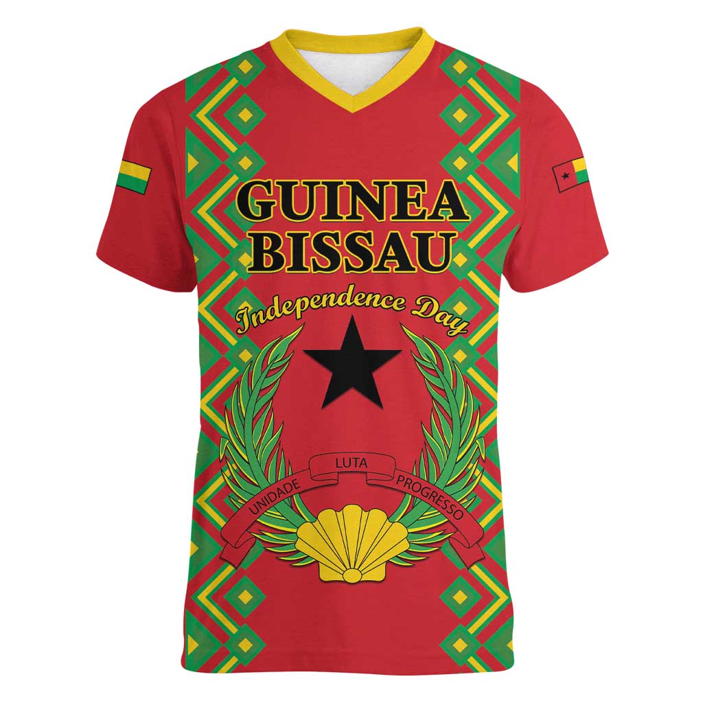 Guinea-Bissau Women V-Neck T-Shirt Unidade Luta Progresso - Wonder Print Shop