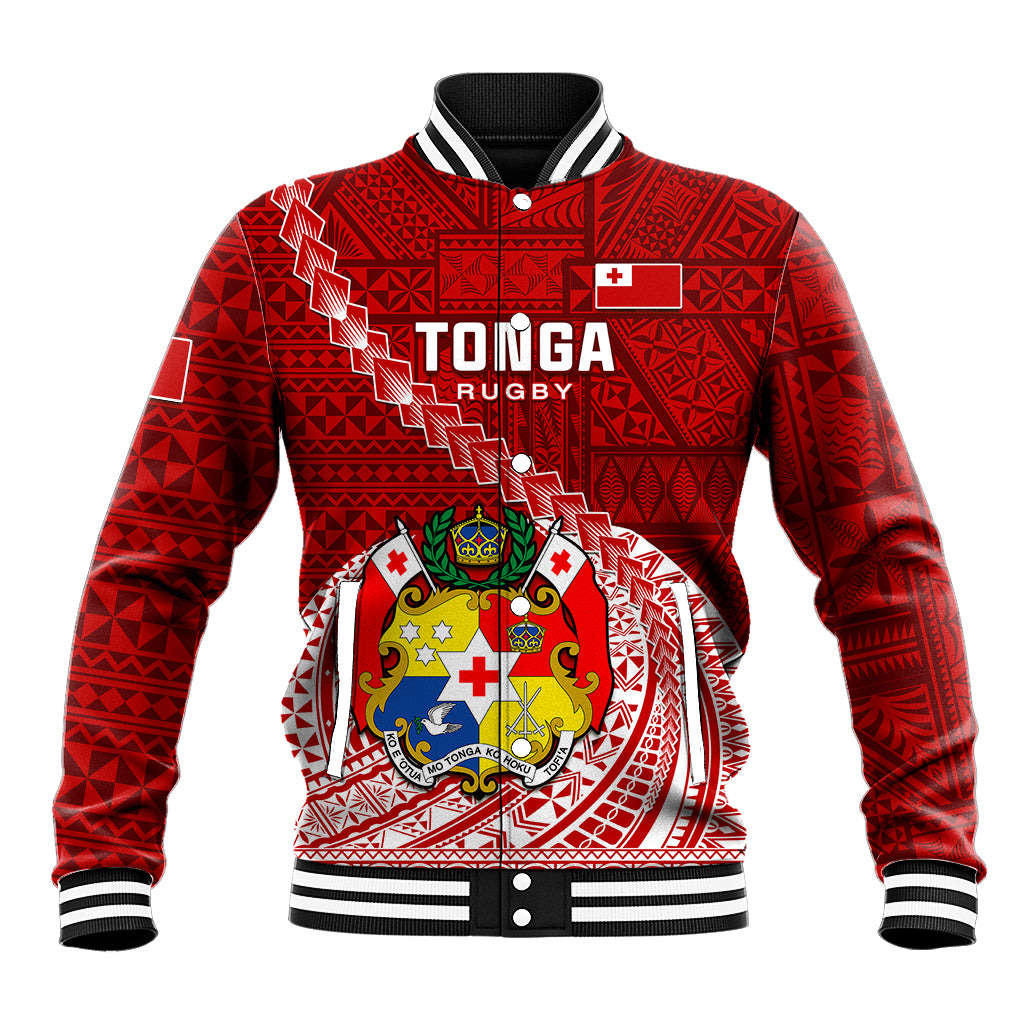 Red rugby baseball jacket with striped ribbed collar, bold front crest and graphic print