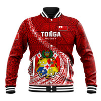 Red rugby baseball jacket with striped ribbed collar, bold front crest and graphic print