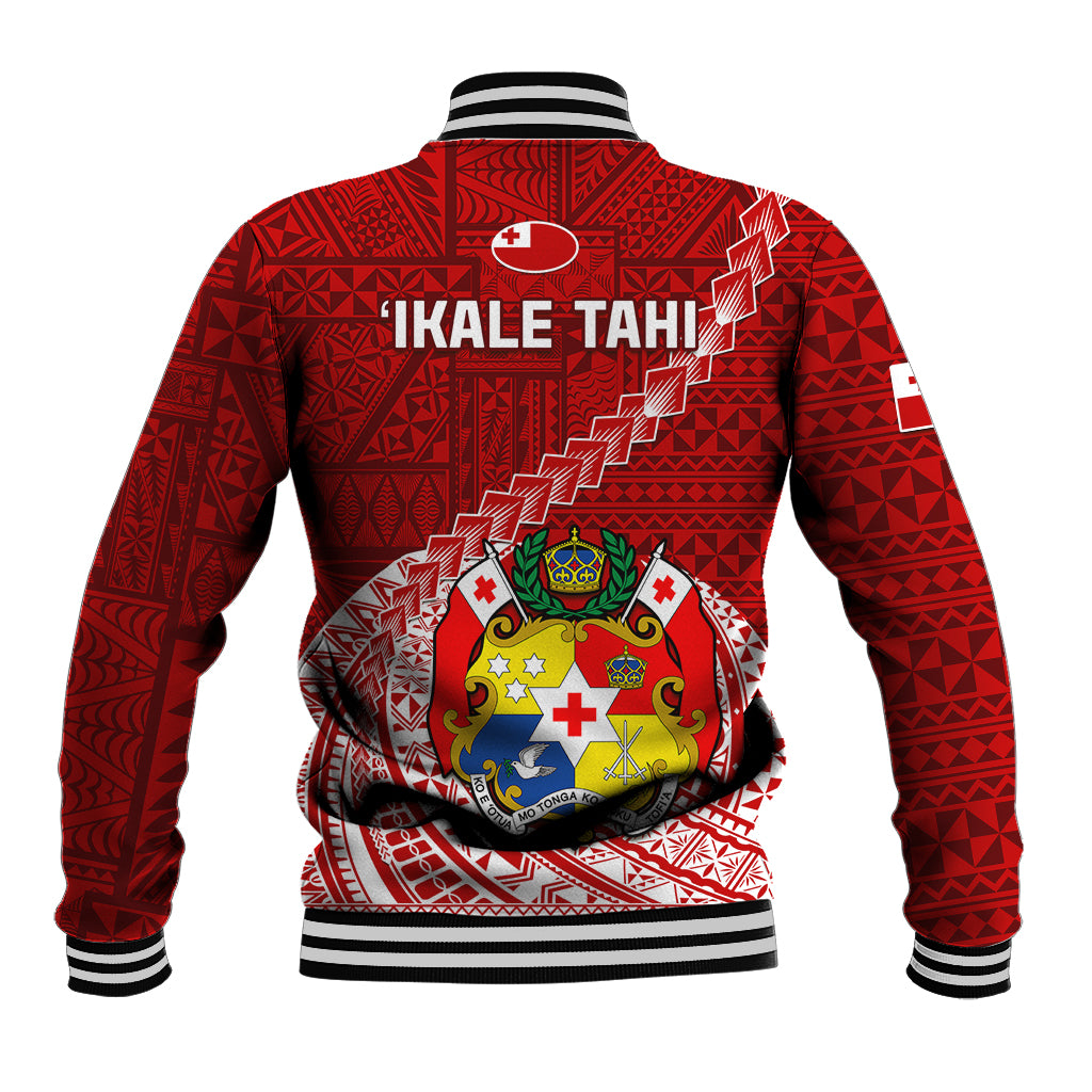 Red rugby baseball jacket with ribbed striped hem, back text 'IKALE TAHI' and crest