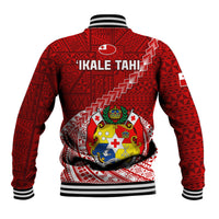 Red rugby baseball jacket with ribbed striped hem, back text 'IKALE TAHI' and crest