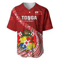 Red rugby baseball jersey with crest, TONGA Rugby text, and geometric Ngatu pattern