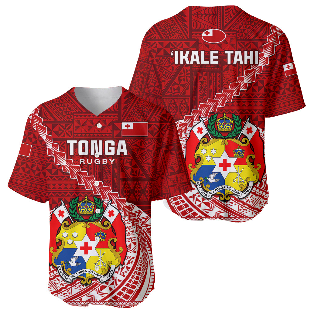 Red rugby baseball jersey front and back, TONGA and IKALE TAHI text with crest